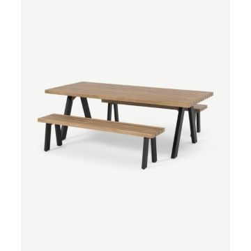 Bosco Eetbank Set - Alu Poeder gecoat Zwart - Hout Acacia Licht Teak Look