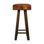 HSM Collection-Ronde Barstoel Patchwork-40x40x75-Cognac/Bruin-Leder/Teak
