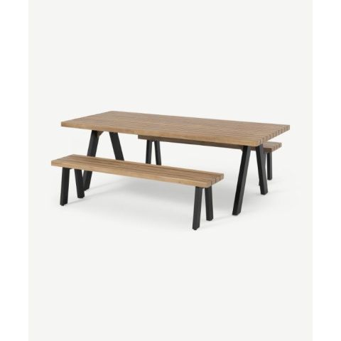 Bosco Eetbank Set - Alu Poeder gecoat Zwart - Hout Acacia Licht Teak Look